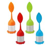 APOMOONS 4 uova da tè in acciaio inox e silicone - Colino da tè con coperchio e sottobicchiere - Sfera da tè - filtro fine per gli amanti del tè (04 pezzi - foglia 2 verde/arancione/blu/rosso)