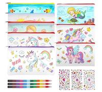 APOMOONS 8 Pezzi Astuccio da Colorare per Bambini con Cerniera con 3 Pastelli A Cera Impilabili E 3 Pietre Glitterate Adesive, Borse per Colorare Ragazze Kit In Tessuto per Regali di Compleanno