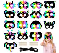 APOMOONS Scratch art bambini, 16 maschere da festa da colorare, set creativi fai da te con cordoncini elastici e matite di legno, maschere facciali per giochi di compleanno per bambini