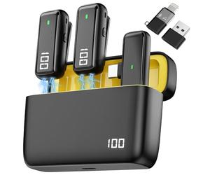 APOMOV Microfoni lavalier wireless 3 in 1 aggiornati con custodia di ricarica per iPhone e USB C Android e laptop, microfono da bavero con cancellazione del rumore, mini microfono senza fili per