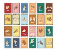 Aposwow Poster in lingua dei segni per aula - 24 carte con parole e frasi comuni per bambini e neonati, poster in lingua dei segnali americana, decorazione scolastica per aule, colore scuro