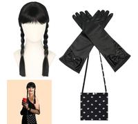 APPCXOKL Parrucca mercoledì Addams Bambina - Splendida Parrucca Donna Nera Lunga con Treccine, Perfetta per Cosplay e mercoledì Addams Costume, Inclusi Guanti Neri con Diamante
