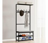 Appendiabiti 4 in 1 con scarpiera in acciaio al carbonio, mobili da ingresso, 3 ripiani e morbido cuscino, design moderno nero (75 cm), elegante e funzionale