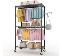 Appendiabiti a 3 ripiani con ruote, ripiani regolabili e 2 aste per appenderlo, appendiabiti resistente, organizer per armadio, armadio autoportante per appendere vestiti, 192 cm di altezza x 115 cm