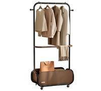 Appendiabiti a doppia asta con ruote, resistente, in legno massello e design in metallo, include cesto portaoggetti da 60 cm, perfetto per la casa e la vendita al dettaglio
