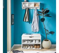 Appendiabiti a parete FRG48-W, ripiano appendi abiti, ganci a parete, armadietto da bagno, con 4 ganci, colore bianco, larghezza 60 cm Appendiabiti da Parete Attaccapanni da Muro Attaccapanni Appendia