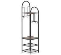 Appendiabiti ad angolo alto 180 cm, autoportante, con panca per scarpe, 6 ganci mobili, 4 ripiani, stile rustico, marrone e nero, in metallo