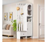 Appendiabiti compatto, 85 x 33,5 x 200 cm, casa mobili con 2 armadi, armadietto d'ingresso bianco, armadio portaoggetti in vetro temperato, stand appendiabiti con scarpiera e imbottitura
