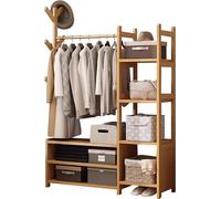 Appendiabiti con asta appendiabiti, Attaccapanni in Legno Massello con 4 Ripiani Portaoggetti e 6 Ganci, per Vestiti, Cappelli, Borse, per Soggiorno Camera da Letto B-Wood Color/100CM