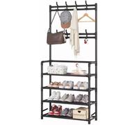 Appendiabiti con Scarpiera 60x26x152 cm, Guardaroba Salvaspazio in Metallo con 4 Ripiani e 9 Ganci, Stand Porta Giacche e Scarpe per Ingresso, Corridoio, Camera da Letto (nero)