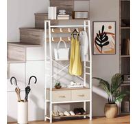 Appendiabiti con scarpiera BALCONERA (marrone rustico) - Appendiabiti indipendente con panca, 2 cassetti pieghevoli e 8 ganci, stile industriale con struttura in metallo - Ideale per corridoio, soggio