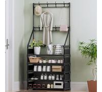 Appendiabiti con struttura in metallo e scarpiera a 4 ripiani con 8 ganci, elegante e funzionale, mobile da corridoio largo 60 cm
