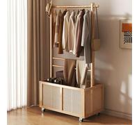 Appendiabiti da appendere da pavimento a soffitto, in legno massello, multifunzionale, per camera da letto e ingresso, design leggero con dettagli in rattan intrecciato