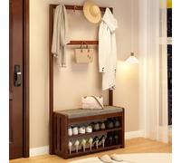Appendiabiti da ingresso 3 in 1 con seduta imbottita, albero in legno con doppi ganci in metallo, elegante mobile marrone da 80 cm, per la casa nization