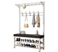 Appendiabiti da ingresso 4 in 1 con panca per scarpe, 15 ganci e 2 ripiani, elegante appendiabiti in metallo per cappotti, cappelli e scarpe per decorare la casa