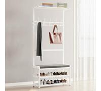 Appendiabiti da ingresso 4 in 1 con scarpiera in acciaio al carbonio, 3 ripiani e morbido cuscino, design moderno bianco salvaspazio (90 cm)