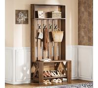 Appendiabiti da ingresso con panca e scarpiera, portaombrelli con ganci, mobile da ingresso con spazio contenitivo per ingresso, corridoio e disimpegno, appendiabiti in stile rustico, 180 cm di altezz