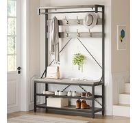 Appendiabiti Da Ingresso Con Panca Portascarpe a 2 Livelli, 8 Ganci, Barra Appendiabiti e Ripiani Portaoggetti, Struttura in Metallo Effetto Legno Per Ingresso/Corridoio/Camera 101,6 x 40,9 x 183,2 cm