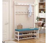 Appendiabiti da ingresso con scarpiera, seduta imbottita e asta per appendere, elegante mobile per corridoio per soggiorno e camera da letto, blu, 60 x 33 x 172 cm