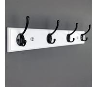 Appendiabiti da parete con 4 ganci, robusto design in legno bianco e nero, lunghezza 44 cm, perfetto per corridoio, ingresso, bagno, soluzione elegante e per riporre oggetti