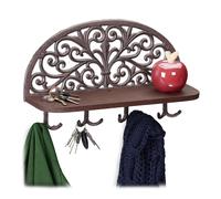 Relaxdays Appendiabiti da Parete con Mensola, Design Antico, 4 Ganci Doppi, Portaoggetti, Ghisa, 23x39x11,5 cm, marrone
