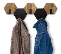 Appendiabiti da parete esagonale in legno di quercia nero design moderno per camera da bagno (nero/rovere, 56)