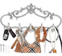 Appendiabiti da parete in ghisa, design vintage con 5 ganci, chiavi, asciugamani, accappatoi, vestiti e altro ancora, montaggio a parete, in metallo, resistente, rustico, vintage, 32 x 14 cm, bianco