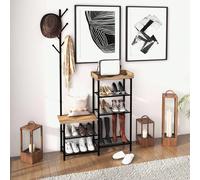 Appendiabiti da Terra a 6 Ganci in Truciolato e Acciaio con Mobile Scarpiera a più Ripiani, 92.5x28.2x182 cm, Marrone Description:Organizza a dovere cappotti, borse, scarpe e piccoli oggetti con il no