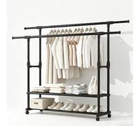 Appendiabiti da Terra con Ruote, Doppio Stand Appendiabiti Robusto in Metallo, Porta Abiti con 2 Ripiani per Scarpe Regolabile in Altezza per Camera da Letto Lavanderia Ingresso (90-150)x42x(95-155)cm