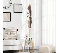 Appendiabiti da Terra per Ingresso in MDF e Alluminio con 5 Ganci in Bambù e Tavolino Rotondo da Caffè, 39.5x39.5x171 cm, color Legno e Bianco Description:Questo appendiabiti HOMCOM da 2 funzioni in 1