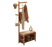 Appendiabiti da Terra, Rella Appendiabiti in Legno con 3 Ripiani Portascarpe e Seduta Imbottita, Porta Vestiti Autoportante per Corridoi e Ingressi(Yellow,80cm/31in)