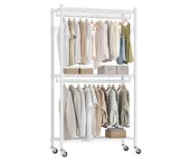 Appendiabiti Doppio su Ruote, Appendiabiti Resistente con 2 Ganci e Ripiani Regolabili in Altezza, Stabile Appendiabiti in Metallo per Camera da Letto, Lavanderia e Guardaroba 60*42*205cm Bianco