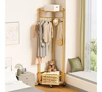 Appendiabiti dorato con cesto portaoggetti in metallo ad angolo appendiabiti versatile per corridoio, soggiorno, camera da letto, abbigliamento elegante e funzionale nizer