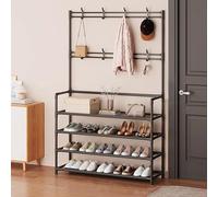 Appendiabiti e scarpiera autoportante 3 in 1, con ganci e mensola, ideale per ingresso, corridoio, camera da letto, fango, elegante, nero, 60 x 155 cm