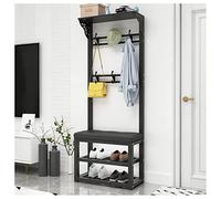 Appendiabiti e scarpiera multifunzione nero, 100 cm, organizer autoportante per ingresso, con ganci e sedile portaoggetti, per corridoio, elegante soluzione decorativa per la casa