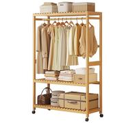 Appendiabiti in Bambù con Appendere il Palo dei Vestiti, Appendiabiti con Ruote, Appendiabiti da Terra con Scaffale Superiore, Doppio Scaffale di Stoccaggio, Stile Minimalista, 83/98 * 34 * 160 CM