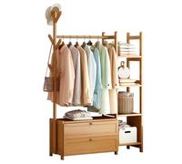 Appendiabiti in bambù con doppio cassetto portaoggetti, 4 ripiani e aste porta abiti multifunzionali, porta abiti indipendente per riporre scarpe e scatole in camera da letto, colore legno, 1 taglia