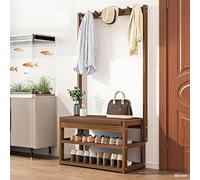 Appendiabiti in bambù con panca scarpiera, albero da ingresso 3 in 1, 5 ganci, scarpiera a 2 ripiani per ingresso, facile montaggio, 97 x 29 x 168 cm