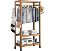 Appendiabiti in bambù, Stand Appendiabiti da Terra su Ruote, Armadio Aperto Attaccapanni con 2 Ripiani, Porta Abiti Free-Standing, Attaccapanni per Carichi Pesanti, Carrellino