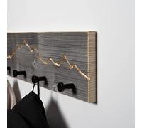 Appendiabiti in legno antico con motivo montagna, in vero legno, con ganci neri per corridoio o ufficio, appendiabiti da parete, rustico, per un arredamento elegante (55 cm, 5 ganci neri)