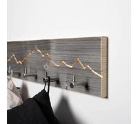 Appendiabiti in legno antico con motivo montagna, realizzato a mano in Baviera, in legno, per corridoio, ufficio, camera da letto, appendiabiti da parete (55 cm (5 ganci), gancio in acciaio inox)