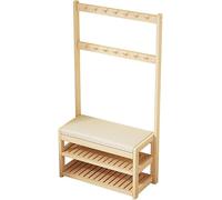 Appendiabiti in Legno Massello con Panca Fasciatoio, 14 Ganci, Scarpiera A Doppio Strato, Cremagliera, Appendiabiti, Facile da Montare, Veranda della Camera da Letto, Studio, B, A, 84 * 31 * 172.5CM