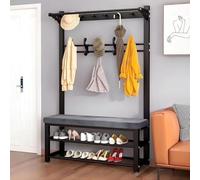Appendiabiti in metallo quattro in uno con panca portascarpe, ganci, cuscini e aste appendiabiti per soggiorno, corridoio e camera da letto(Black,80x33x172cm)