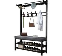 Appendiabiti in stile industriale con scarpiera e panca, autoportante, da pavimento, per ingresso, appendiabiti in metallo nero, altezza 100 cm