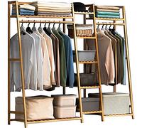 Appendiabiti indipendente in bambù con 7 ripiani e asta superiore, armadio guardaroba aperto for camera da letto, aste appendiabiti, carico massimo 220 libbre, soluzione di archiviazione elegante e fu