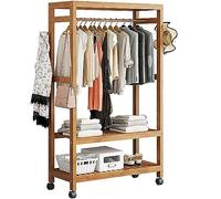Appendiabiti mobile in bambù con ruote | Armadio guardaroba indipendente aperto | Appendiabiti a 2 livelli con ripiani portaoggetti e asta superiore for l'organizzazione della camera da letto(B,80x35x