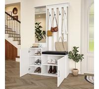 Appendiabiti, sgabello per scarpe + portascarpe, 6 in 1 specchio da parrucchiere multifunzionale, super stoccaggio, cuscino rimovibile per ingresso, corridoio, 100 x 40 x 180, bianco (bianco, 100 x 40