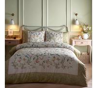 Appletree - Copripiumino verde salvia floreale e colibrì - Letto matrimoniale (200 x 200 cm) - Biancheria da letto bianca con stampa uccelli e fiori - 100% rasatello di cotone - Letto con bordi