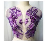 applique, 2 pezzi di tessuto di pizzo viola con nappe di fiori 3D e perline di strass ricamati