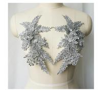 applique, 2 pezzi di toppa in tessuto con fiori ricamati in pizzo con paillettes argento